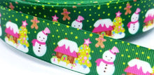 Load image into Gallery viewer, 7/8" Gingerbread Candy House Ribbon. Gingerbread men. Candy land. Christmas Tree Ribbon Snowman, Winter Wonderland Christmas Ribbon.