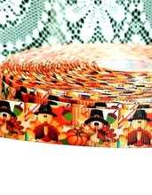 Load image into Gallery viewer, 7/8" Thanksgiving Turkey grosgrain Ribbon. Fall Holiday Robbon. Pumpkins Ribbon. Thanksgiving Pilgrim Turkeys. Acorns