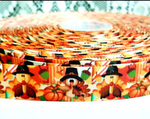 Load image into Gallery viewer, 7/8" Thanksgiving Turkey grosgrain Ribbon. Fall Holiday Robbon. Pumpkins Ribbon. Thanksgiving Pilgrim Turkeys. Acorns