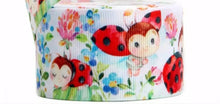 Load image into Gallery viewer, 5/8" and 7/8" LadyBug Grosgrain Ribbon. Baby Ladybugs Flower Garden Ribbon