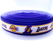 Load image into Gallery viewer, 13 yards in stock - 7/8" Los Angeles Lakers Basketball Grosgrain Ribbon  Sports Team Ribbon NBA Ribbon