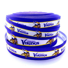 Load image into Gallery viewer, Minnesota Vikings Grosgrain Ribbon. Comes in 5/8" 7/8" and 1.5" NFL Football Sports Ribbon.