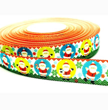 Load image into Gallery viewer, 7/8" Santa Claus Christmas Ribbon. Christmas Bulb Ribbon. Christmas Grosgrain Ribbon. Snowflake Ribbon