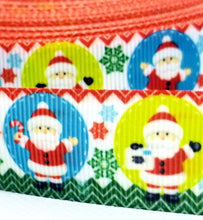 Load image into Gallery viewer, 7/8" Santa Claus Christmas Ribbon. Christmas Bulb Ribbon. Christmas Grosgrain Ribbon. Snowflake Ribbon