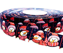 Load image into Gallery viewer, 7/8" Snowman, Winter Wonderland Christmas Ribbon. Classic Red Scarves and Christmas Hats