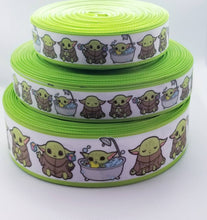 Load image into Gallery viewer, Baby Green Alien Grosgrain Ribbon. In 5/8" , 7/8" and 1.5" wide Ribbon. Baby Yoda Bathtub. Baby Shower Yoda Ribbon