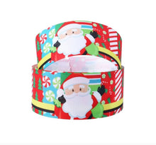 Load image into Gallery viewer, 1" Santa Claus Christmas Ribbon. Candy and Christmas Trees Ribbon