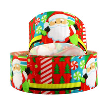 Load image into Gallery viewer, 1" Santa Claus Christmas Ribbon. Candy and Christmas Trees Ribbon