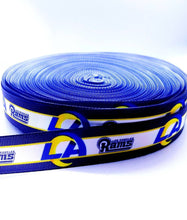 Load image into Gallery viewer, 7/8" & 1.5" Los Angeles Rams Grosgrain Ribbon. NFL Football Sports Team Ribbon Gold Los Angeles Rams