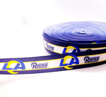 Load image into Gallery viewer, 7/8" & 1.5" Los Angeles Rams Grosgrain Ribbon. NFL Football Sports Team Ribbon Gold Los Angeles Rams