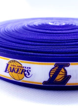 Load image into Gallery viewer, 13 yards in stock - 7/8" Los Angeles Lakers Basketball Grosgrain Ribbon  Sports Team Ribbon NBA Ribbon