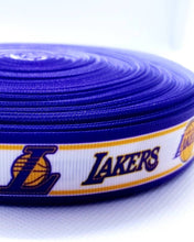 Load image into Gallery viewer, 13 yards in stock - 7/8" Los Angeles Lakers Basketball Grosgrain Ribbon  Sports Team Ribbon NBA Ribbon