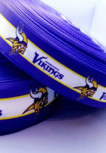 Load image into Gallery viewer, Minnesota Vikings Grosgrain Ribbon. Comes in 5/8" 7/8" and 1.5" NFL Football Sports Ribbon.