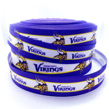 Load image into Gallery viewer, Minnesota Vikings Grosgrain Ribbon. Comes in 5/8" 7/8" and 1.5" NFL Football Sports Ribbon.
