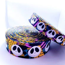 Load image into Gallery viewer, 7/8" and 1.5" Jack Skellington with Rag Doll Sally Background Grosgrain Ribbon. Jack and Sally Halloween Nightmare Before Christmas Ribbon.