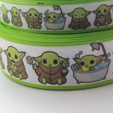 Load image into Gallery viewer, Baby Green Alien Grosgrain Ribbon. In 5/8" , 7/8" and 1.5" wide Ribbon. Baby Yoda Bathtub. Baby Shower Yoda Ribbon