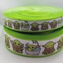 Load image into Gallery viewer, Baby Green Alien Grosgrain Ribbon. In 5/8" , 7/8" and 1.5" wide Ribbon. Baby Yoda Bathtub. Baby Shower Yoda Ribbon