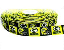 Load image into Gallery viewer, 7/8" Green Bay Packers Grosgrain Ribbon in Neon Bright Yellow. NFL Football Sports Ribbon.