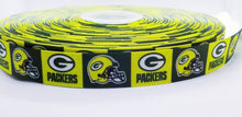 Load image into Gallery viewer, 7/8" Green Bay Packers Grosgrain Ribbon in Neon Bright Yellow. NFL Football Sports Ribbon.