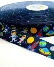Load image into Gallery viewer, 7/8" Kids Space Camp Ribbon. Galaxy Space NASA Grosgrain Ribbon. Martians. Moon Sun Ribbon. Kids Space Party Theme