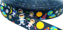 Load image into Gallery viewer, 7/8" Kids Space Camp Ribbon. Galaxy Space NASA Grosgrain Ribbon. Martians. Moon Sun Ribbon. Kids Space Party Theme