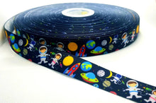 Load image into Gallery viewer, 7/8" Kids Space Camp Ribbon. Galaxy Space NASA Grosgrain Ribbon. Martians. Moon Sun Ribbon. Kids Space Party Theme