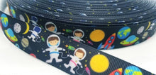 Load image into Gallery viewer, 7/8" Kids Space Camp Ribbon. Galaxy Space NASA Grosgrain Ribbon. Martians. Moon Sun Ribbon. Kids Space Party Theme