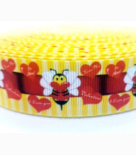 Load image into Gallery viewer, 1" Bumble Bee My Valentine's Day Ribbon. Love Hearts Ribbon. Honey Bee