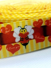 Load image into Gallery viewer, 1" Bumble Bee My Valentine's Day Ribbon. Love Hearts Ribbon. Honey Bee