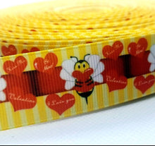 Load image into Gallery viewer, 1" Bumble Bee My Valentine's Day Ribbon. Love Hearts Ribbon. Honey Bee