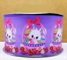 Load image into Gallery viewer, 1" Adorable Easter Bunny Baskers grosgrain ribbon. Bright Colored  Easter Baskets. Easter Ribbon. Easter Flowers