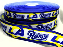 Load image into Gallery viewer, 7/8" & 1.5" Los Angeles Rams Grosgrain Ribbon. NFL Football Sports Team Ribbon Gold Los Angeles Rams