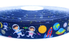 Load image into Gallery viewer, 7/8" Kids Space Camp Ribbon. Galaxy Space NASA Grosgrain Ribbon. Martians. Moon Sun Ribbon. Kids Space Party Theme