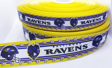 Load image into Gallery viewer, NFL Baltimore Ravens Ribbon. In 7/8" and 1.5" NFL Football Ribbon Sports Team Ribbon