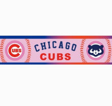 Load image into Gallery viewer, 1.5" Pink Chicago Cubs Ribbon. Baseball Sports MLB Ribbon. Patriotic Red White and Blue with Pink background Chicago Cubs Grosgrain Ribbon