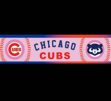 Load image into Gallery viewer, 1.5" Pink Chicago Cubs Ribbon. Baseball Sports MLB Ribbon. Patriotic Red White and Blue with Pink background Chicago Cubs Grosgrain Ribbon