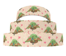 Load image into Gallery viewer, 1.5" Baby Girl Alien Star Wars Grosgrain Ribbon Baby Yoda with  Frog and Pink Hearts Background