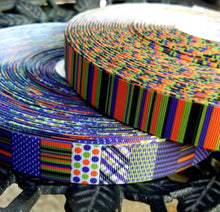 Load image into Gallery viewer, 7/8" Two New Designs Halloween Striped Ribbon and I Love the Stripes with Circles Polka Dots and more.