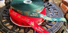 Load image into Gallery viewer, 1" Holiday Foil Merry Christmas Reindeer Grosgrain Ribbon. Christmas, Holiday Wreaths. Christmas Gift Wrap Ribbon