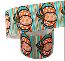 Load image into Gallery viewer, 1.5" and 7/8" Pumpkin Patch Harvest Gingham, Polka Dot Stripes Grosgrain Ribbon. Beautiful Bright Colors Pumpkin Patch. Fall Ribbon