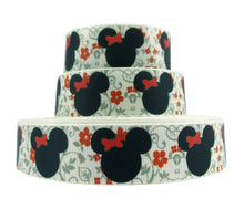 Load image into Gallery viewer, 1" Minnie Mouse with Red Bows and Red Flowers Grosgrain Ribbon. Holiday Ribbon
