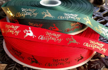 Load image into Gallery viewer, 1" Holiday Foil Merry Christmas Reindeer Grosgrain Ribbon. Christmas, Holiday Wreaths. Christmas Gift Wrap Ribbon