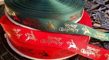 Load image into Gallery viewer, 1" Holiday Foil Merry Christmas Reindeer Grosgrain Ribbon. Christmas, Holiday Wreaths. Christmas Gift Wrap Ribbon