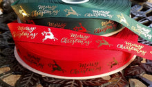 Load image into Gallery viewer, 1" Holiday Foil Merry Christmas Reindeer Grosgrain Ribbon. Christmas, Holiday Wreaths. Christmas Gift Wrap Ribbon