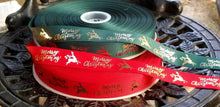 Load image into Gallery viewer, 1" Holiday Foil Merry Christmas Reindeer Grosgrain Ribbon. Christmas, Holiday Wreaths. Christmas Gift Wrap Ribbon