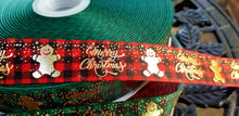 Load image into Gallery viewer, 1" Holiday Foil Merry Christmas Gingerbread Men Grosgrain Ribbon. Holiday Wreaths. Christmas Gift Wrap Ribbon. Plaid Christmas Ribbon