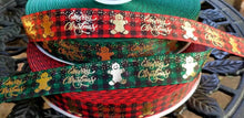 Load image into Gallery viewer, 1" Holiday Foil Merry Christmas Gingerbread Men Grosgrain Ribbon. Holiday Wreaths. Christmas Gift Wrap Ribbon. Plaid Christmas Ribbon