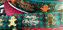 Load image into Gallery viewer, 1" Holiday Foil Merry Christmas Gingerbread Men Grosgrain Ribbon. Holiday Wreaths. Christmas Gift Wrap Ribbon. Plaid Christmas Ribbon