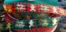 Load image into Gallery viewer, 1" Holiday Foil Merry Christmas Gingerbread Men Grosgrain Ribbon. Holiday Wreaths. Christmas Gift Wrap Ribbon. Plaid Christmas Ribbon