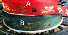 Load image into Gallery viewer, 1" Holiday Foil Merry Christmas Reindeer Grosgrain Ribbon. Christmas, Holiday Wreaths. Christmas Gift Wrap Ribbon